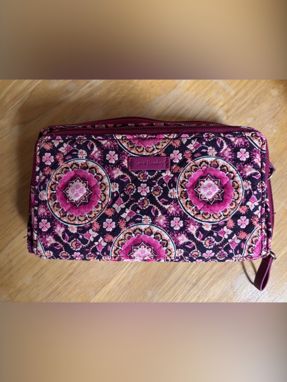 Vera Bradley Pink and Black Medallion Quilted Zip Wallet